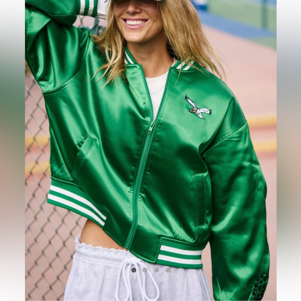 The Wild Collective X FP Movement Eagles Football Satin Bomber Jacket Coat